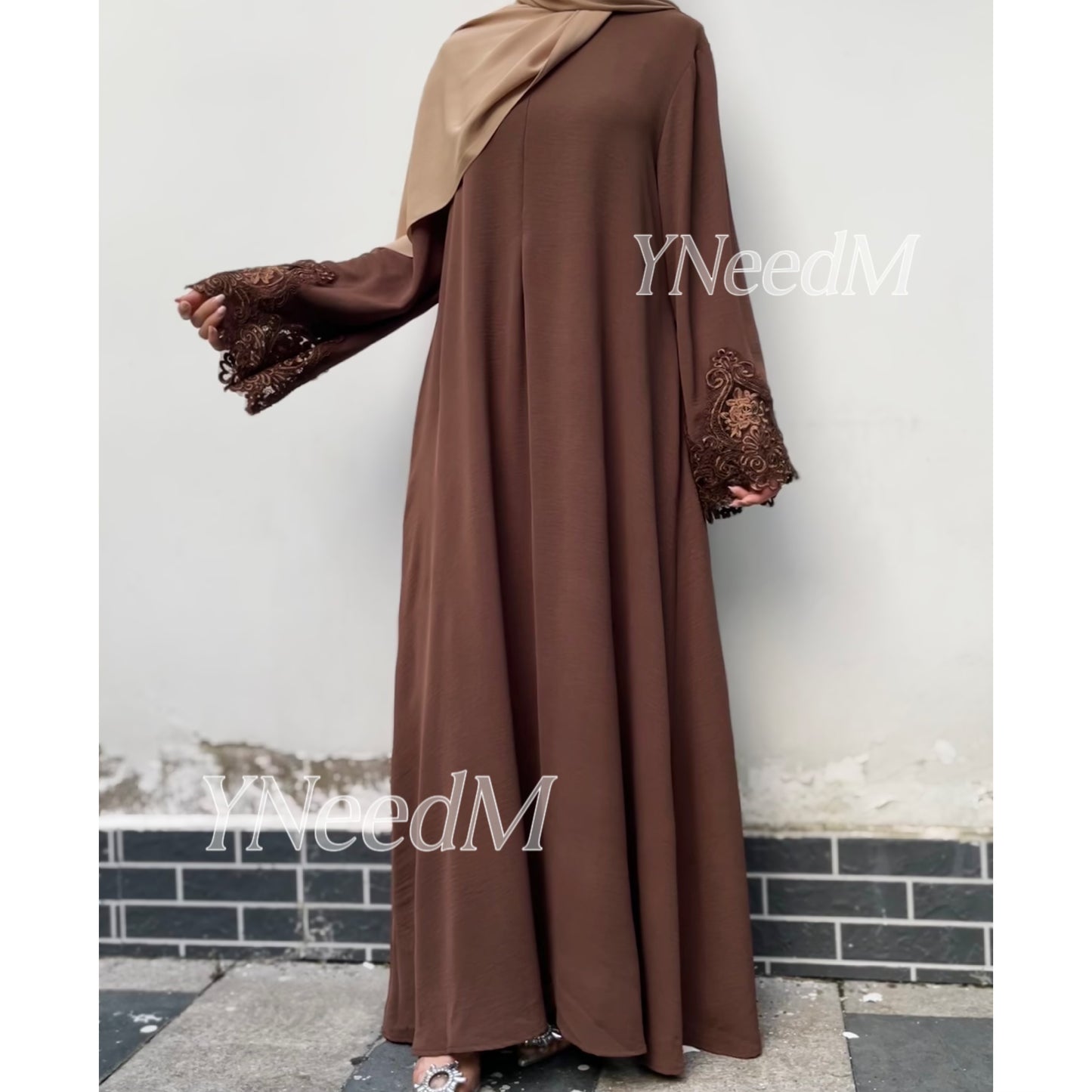 MS348#Modest lace sleeve loose fitting crepe abaya(Nidah)