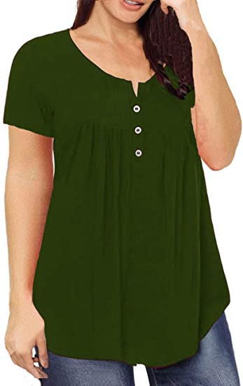 FS312#Women's Plus Size Tunic Tops Summer Short Sleeve V Neck Blouses Ruffle Flowy Button Up T Shirts