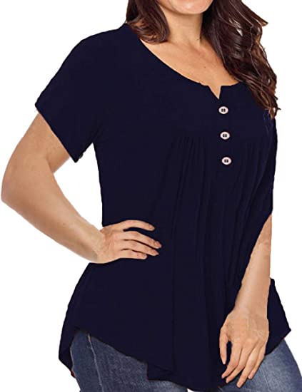 FS312#Women's Plus Size Tunic Tops Summer Short Sleeve V Neck Blouses Ruffle Flowy Button Up T Shirts