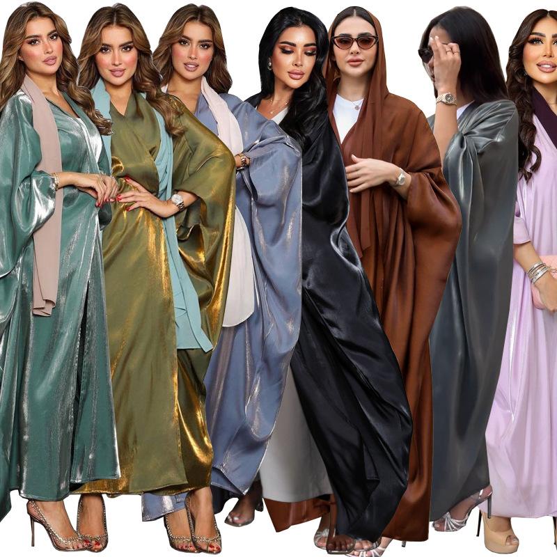 MS303# Muslim fashion bright silk Satin solid color Batsleeve robe European and American plus size women's wear