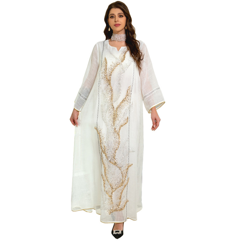 MS332#Muslim white gauze bead embroidered temperament robe