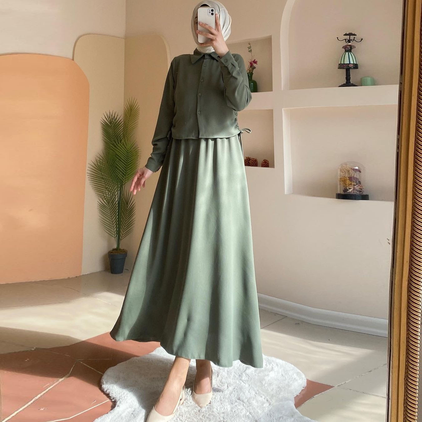 MS362#muslim long sleeve shirt skirt suit