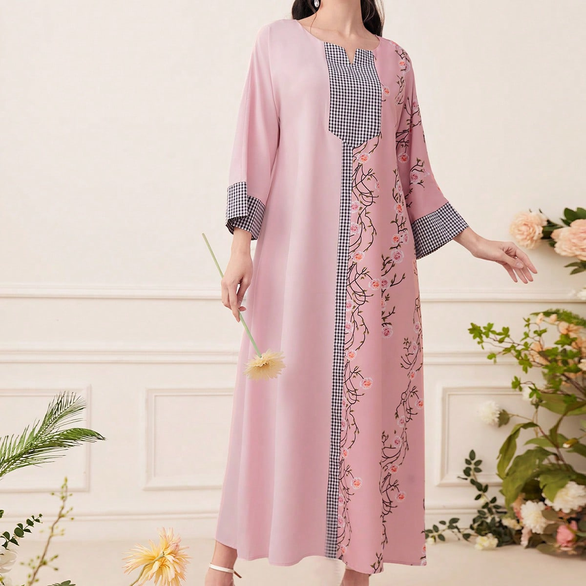 MS353#Muslim fashion patchwork print regular sleeve robe