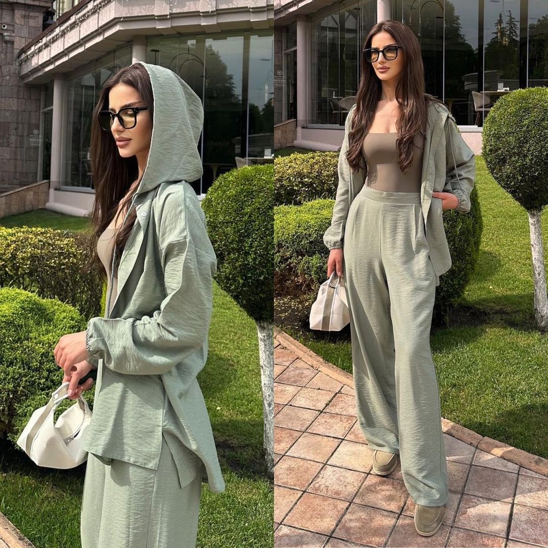 MS366#Muslim casual long-sleeved hooded shirt jacket straight-leg trouser suit