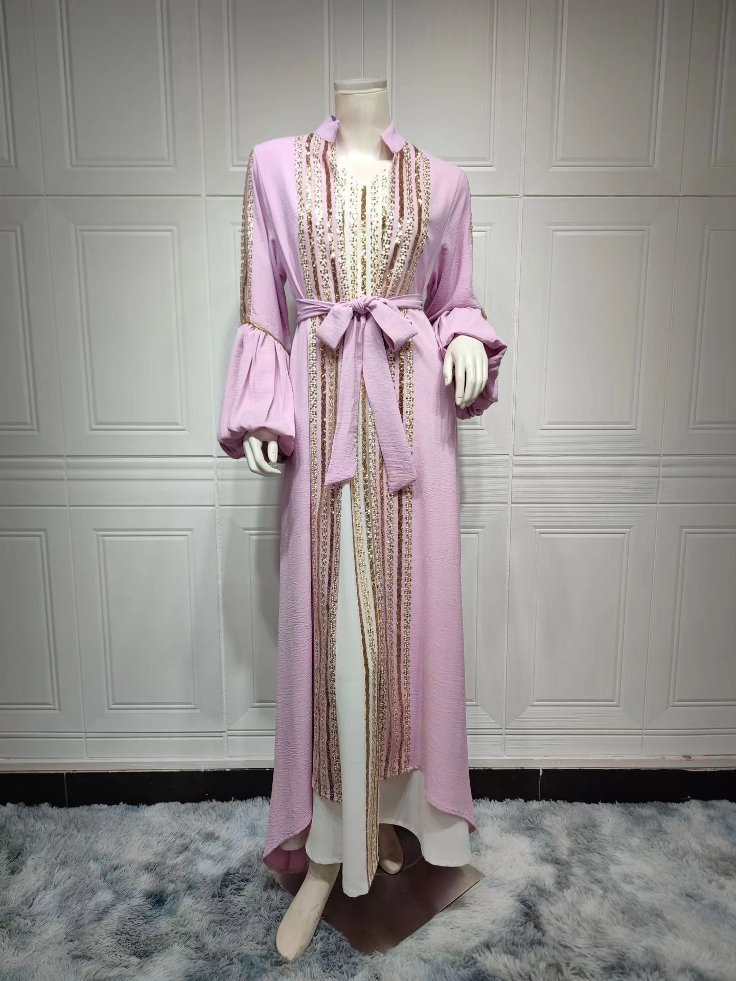 MS319#Muslim fashion two-piece women's embroidered bubble sleeve robe