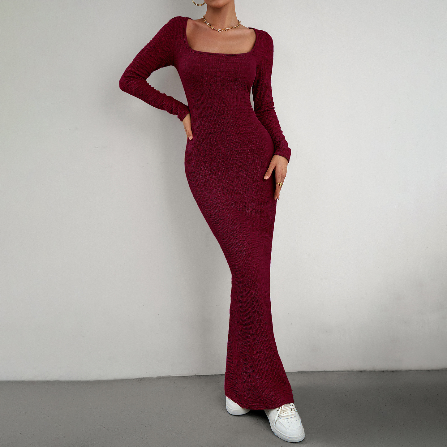 MS360#Women's slim-fit square neck long sleeve knitted dress