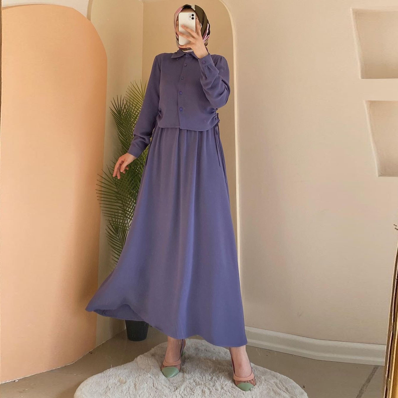 MS362#muslim long sleeve shirt skirt suit