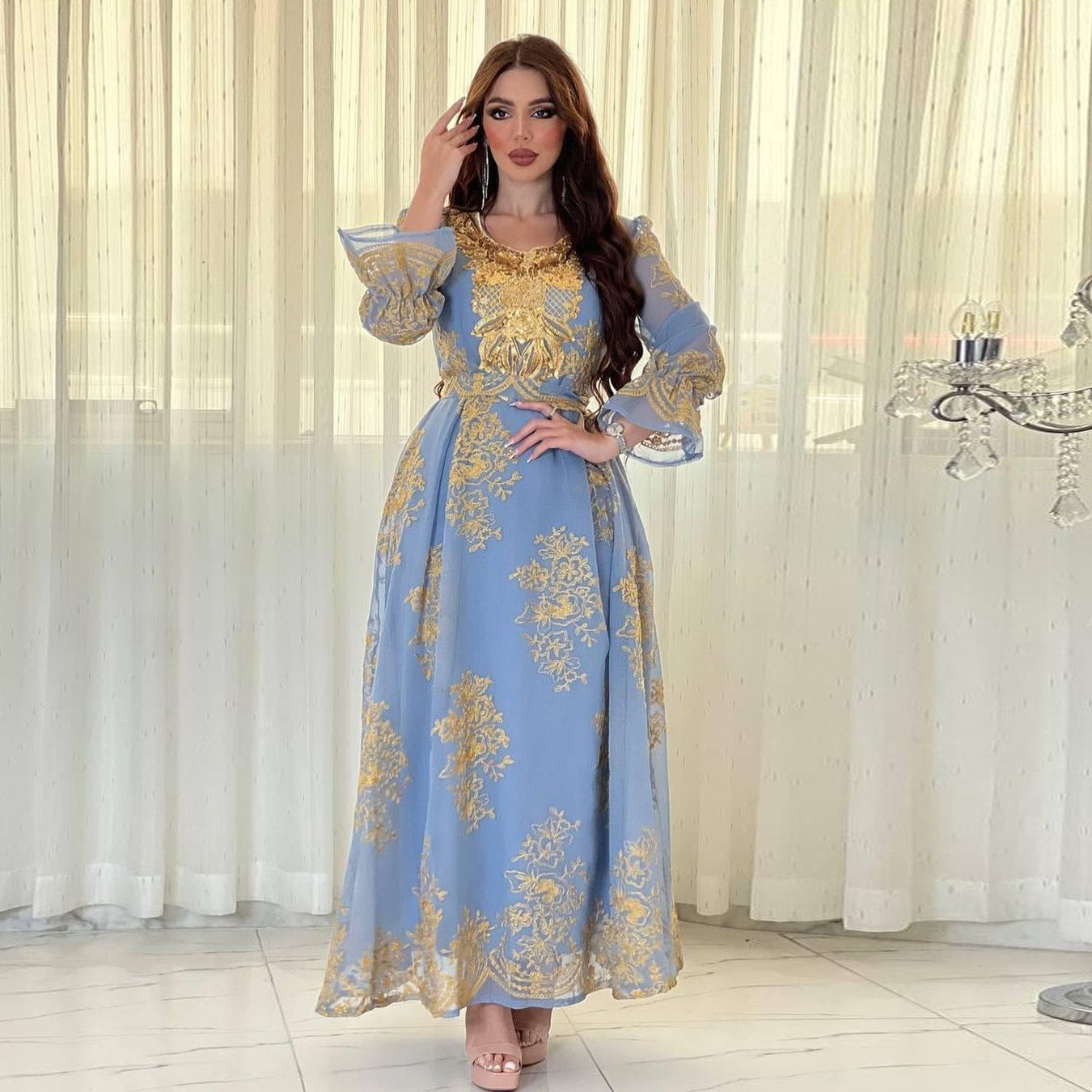 MS315#Embroidered Dress Muslim Party Dinner Robe