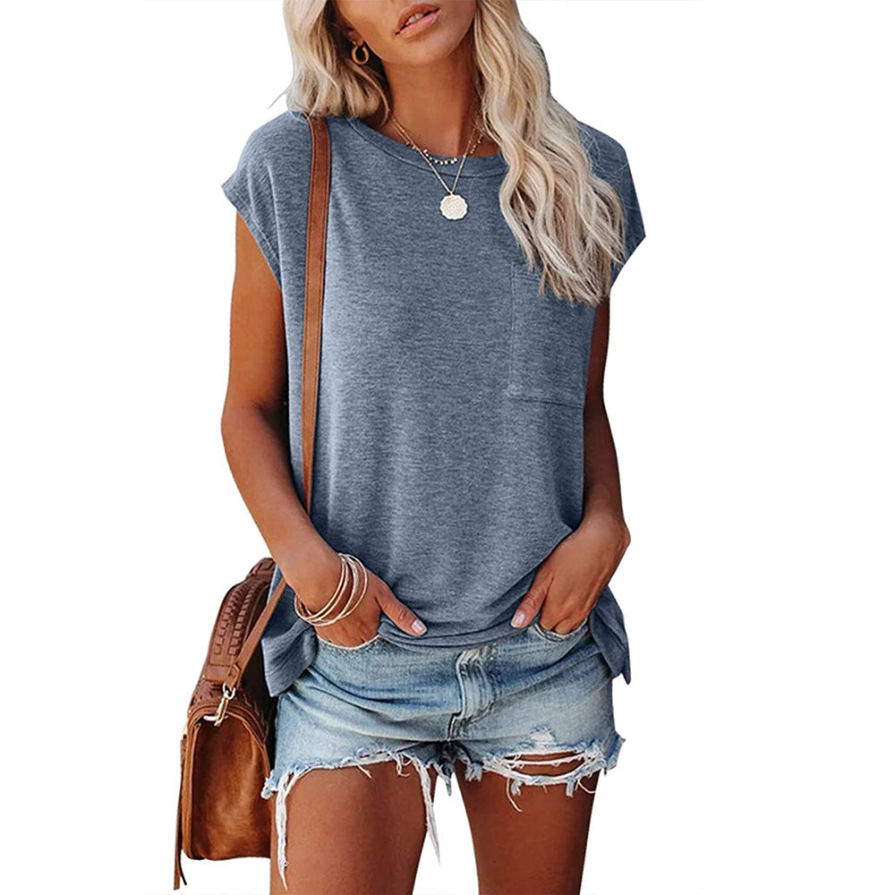 FS313#Womens Summer Short Cap Sleeve Shirts Solid Loose Fit Pocket Tunic Tops