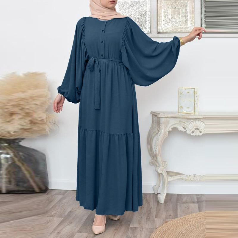 MS373#Women's Muslim shirt casual belted dress with puffed sleeves