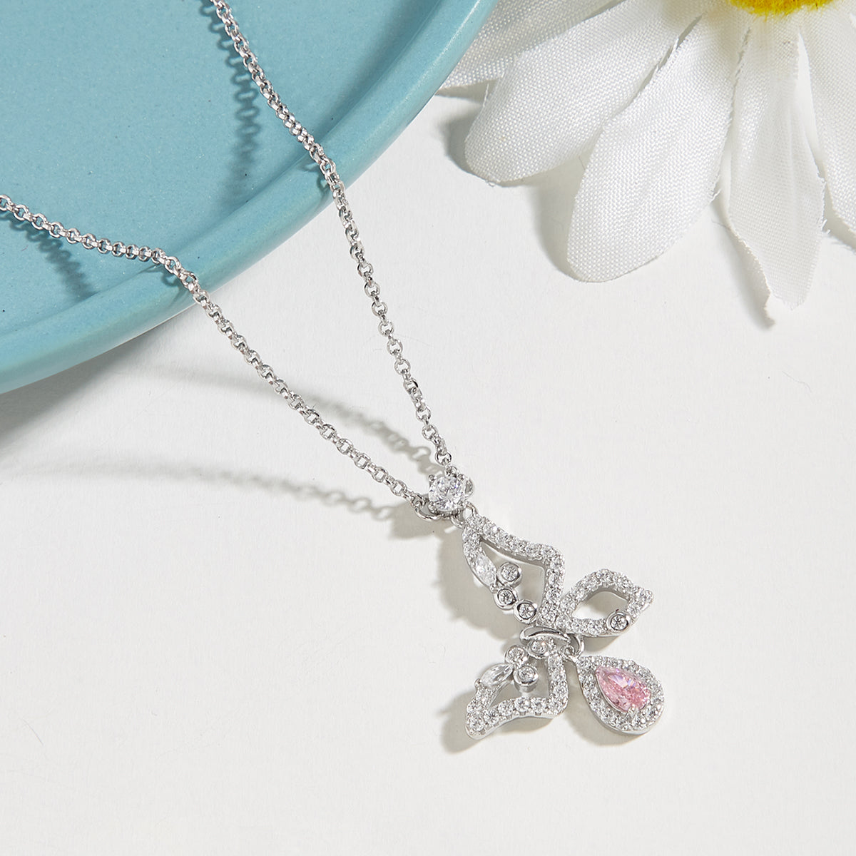 YNM020#925 silver necklace set with pink high carbon diamond butterfly pendant