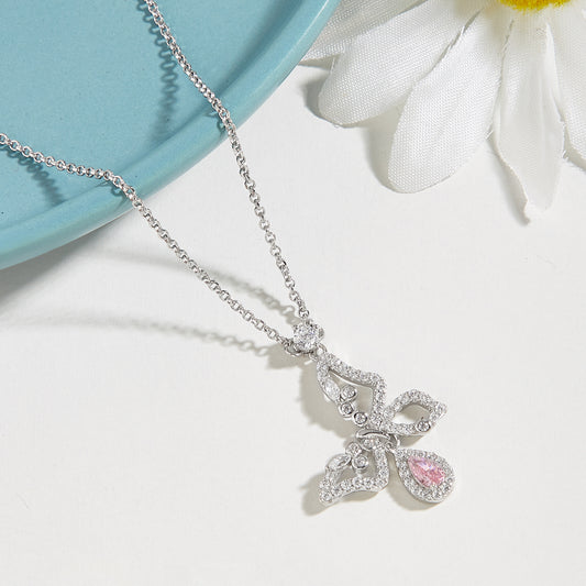 YNM020#925 silver necklace set with pink high carbon diamond butterfly pendant