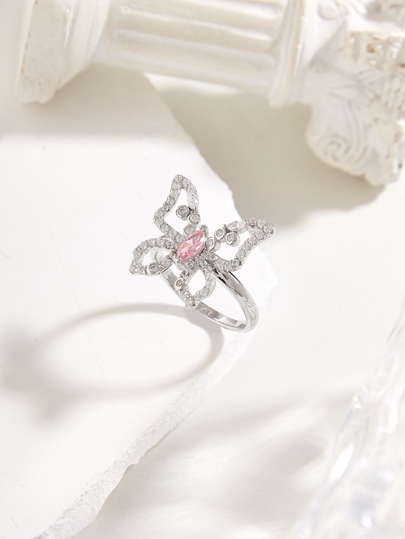 YNM019#Pink high-carbon diamond butterfly 925 silver ring