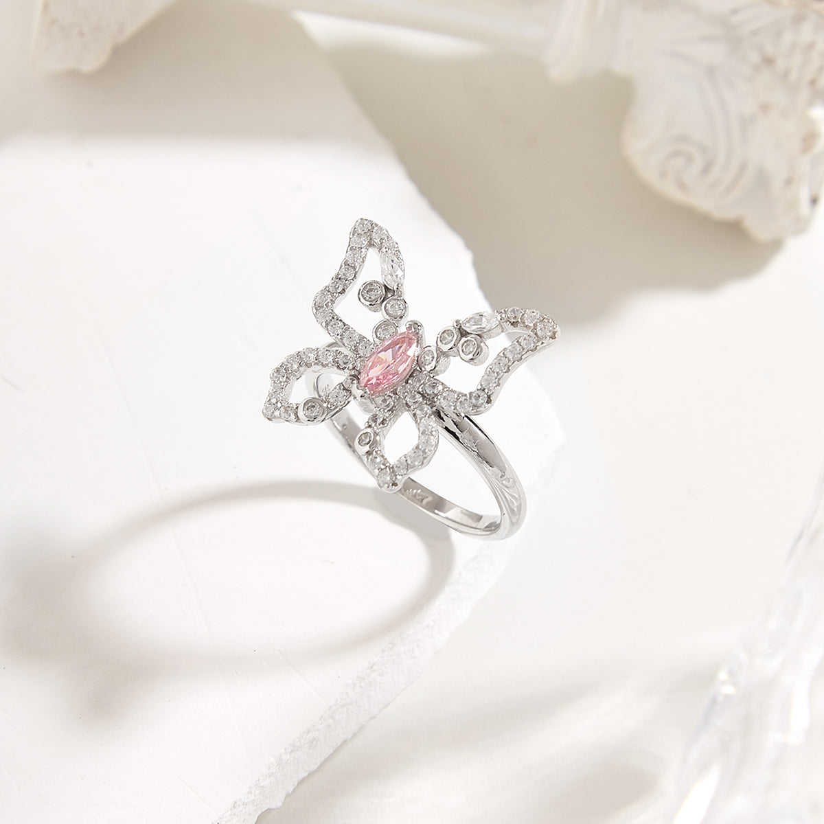 YNM019#Pink high-carbon diamond butterfly 925 silver ring