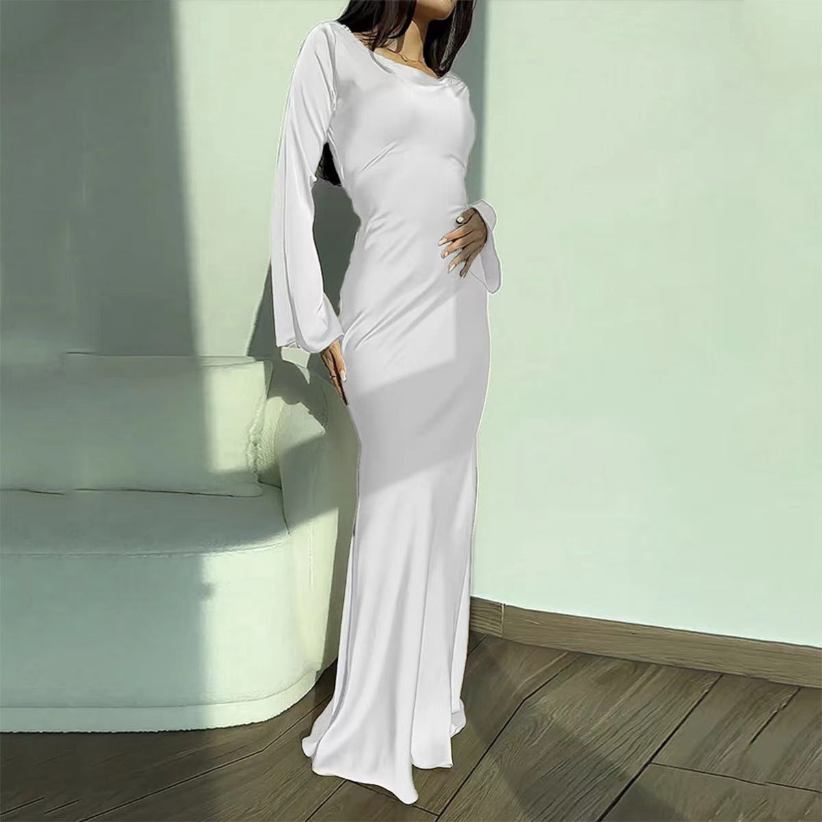 MS598#Solid color round neck long sleeve waist dress