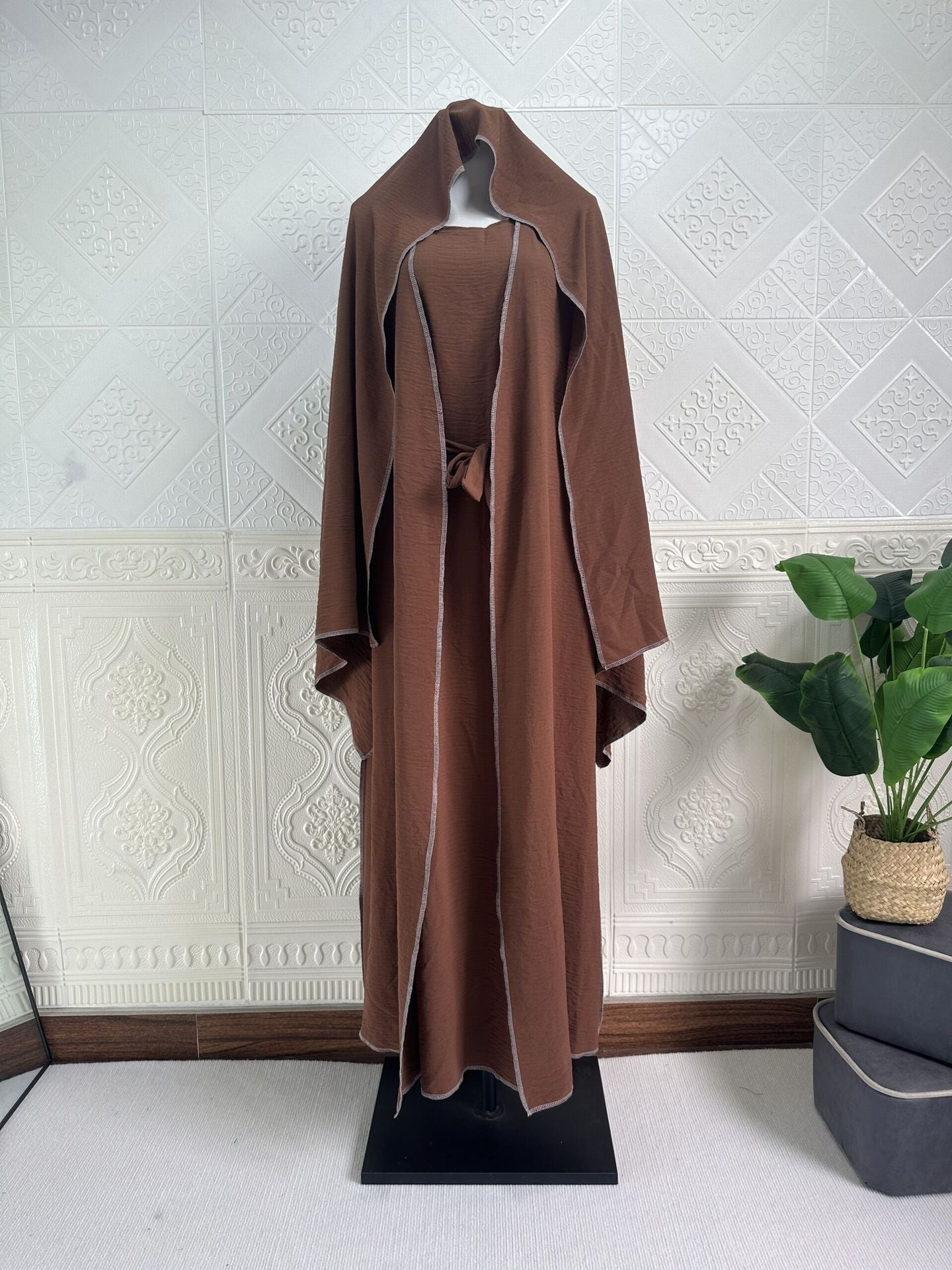 MS496#Women's Dubai Turkish Cardigan with matching dress 2 piece robe (including headscarf)