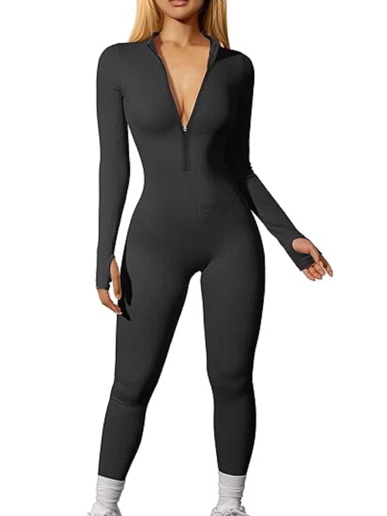 FS315#European and American cross-border women's sports jumpsuit workout ribbed long-sleeved zipper casual jumpsuit trousers tight