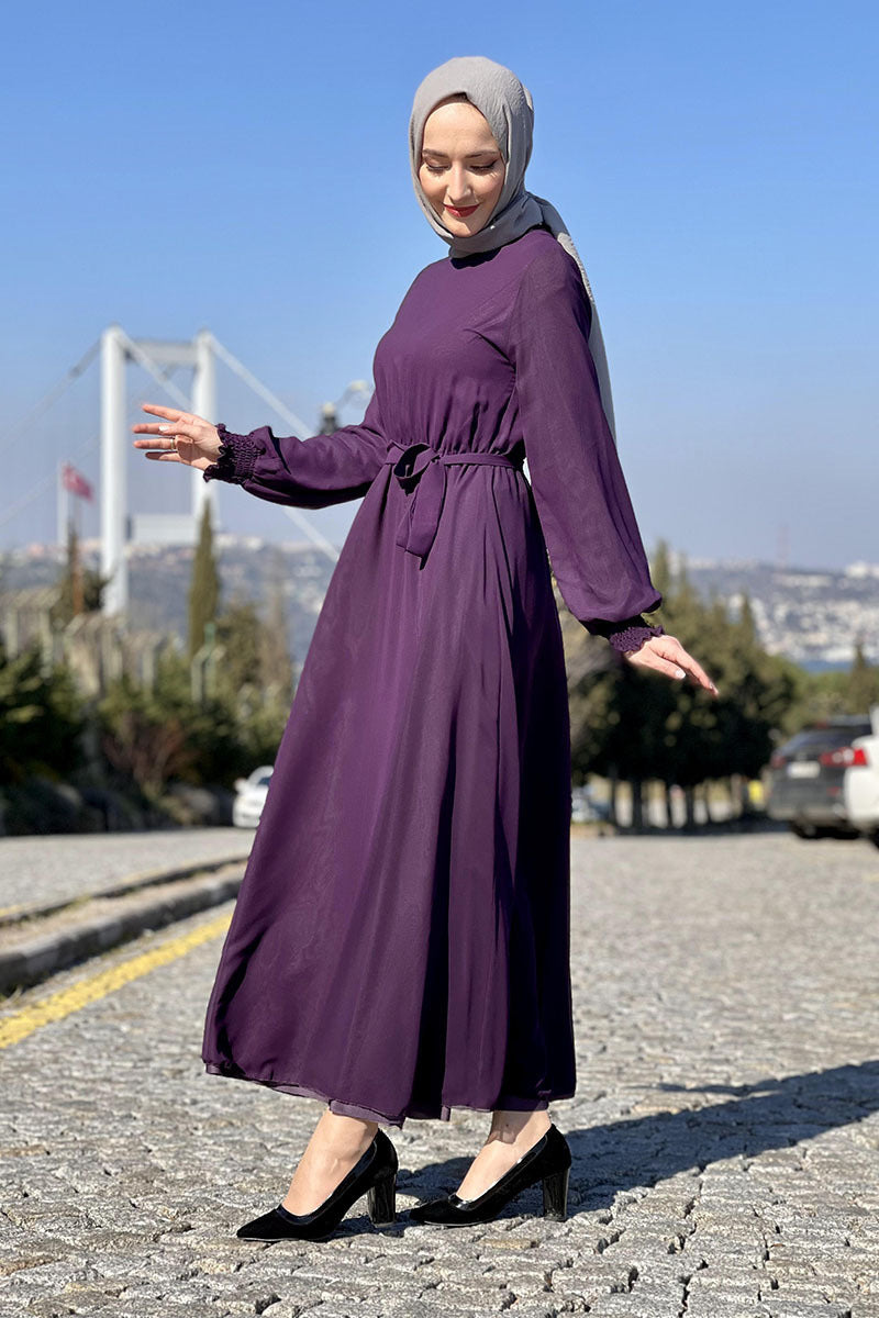 MS500#Solid color abaya fashion temperament lace-up long chiffon women dress uniform size