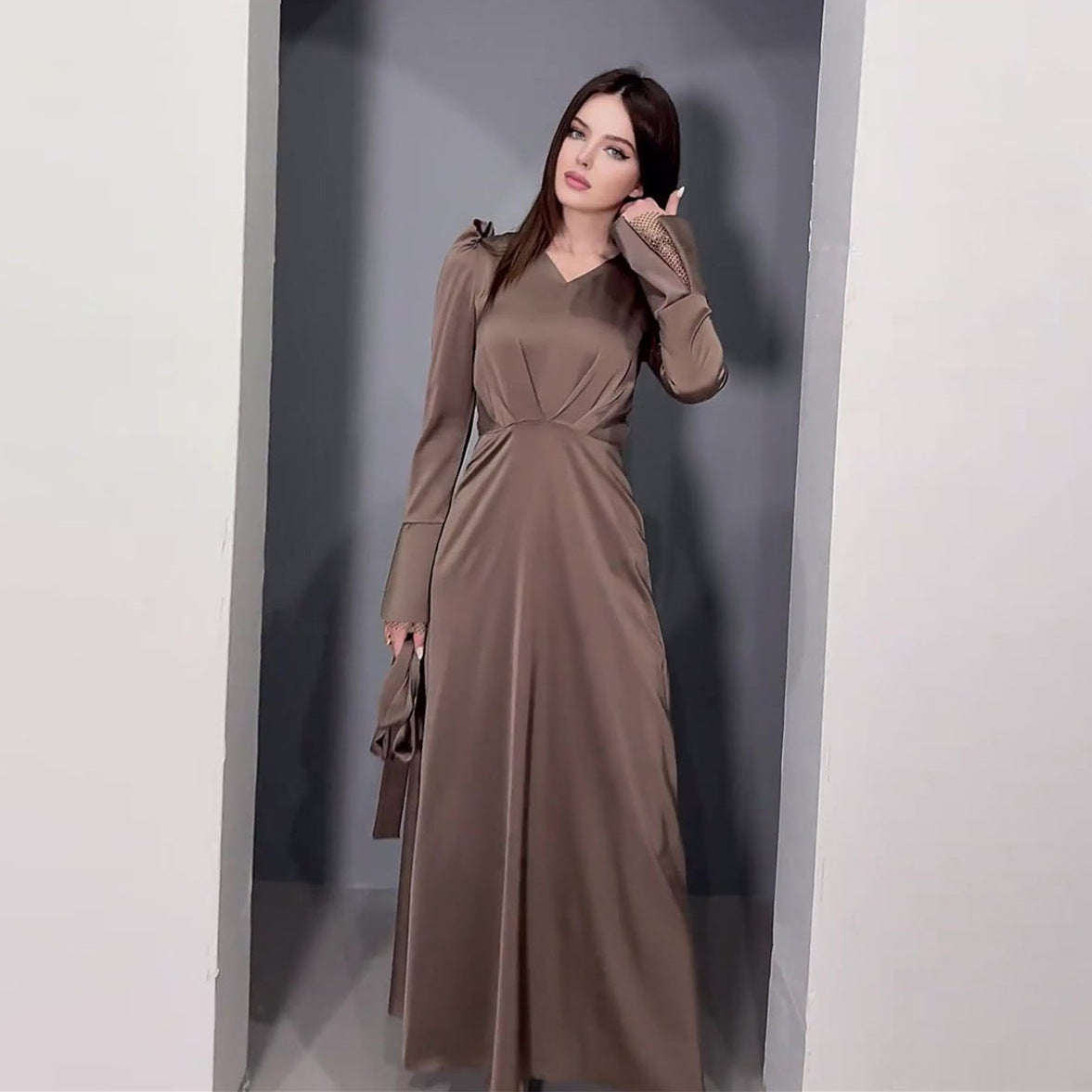 MS472#Temperament bubble sleeve slim A-line dress long skirt