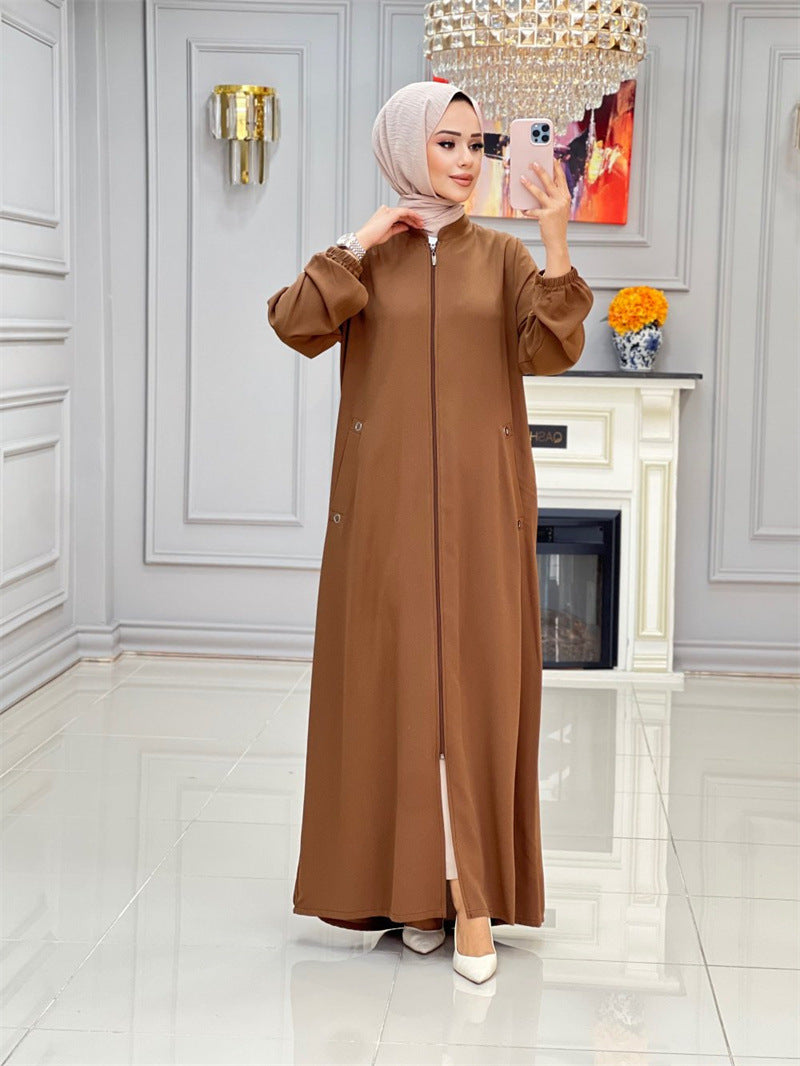 MS499#Ladies stand collar zipper insert bag temperament loose casual dress gown for women