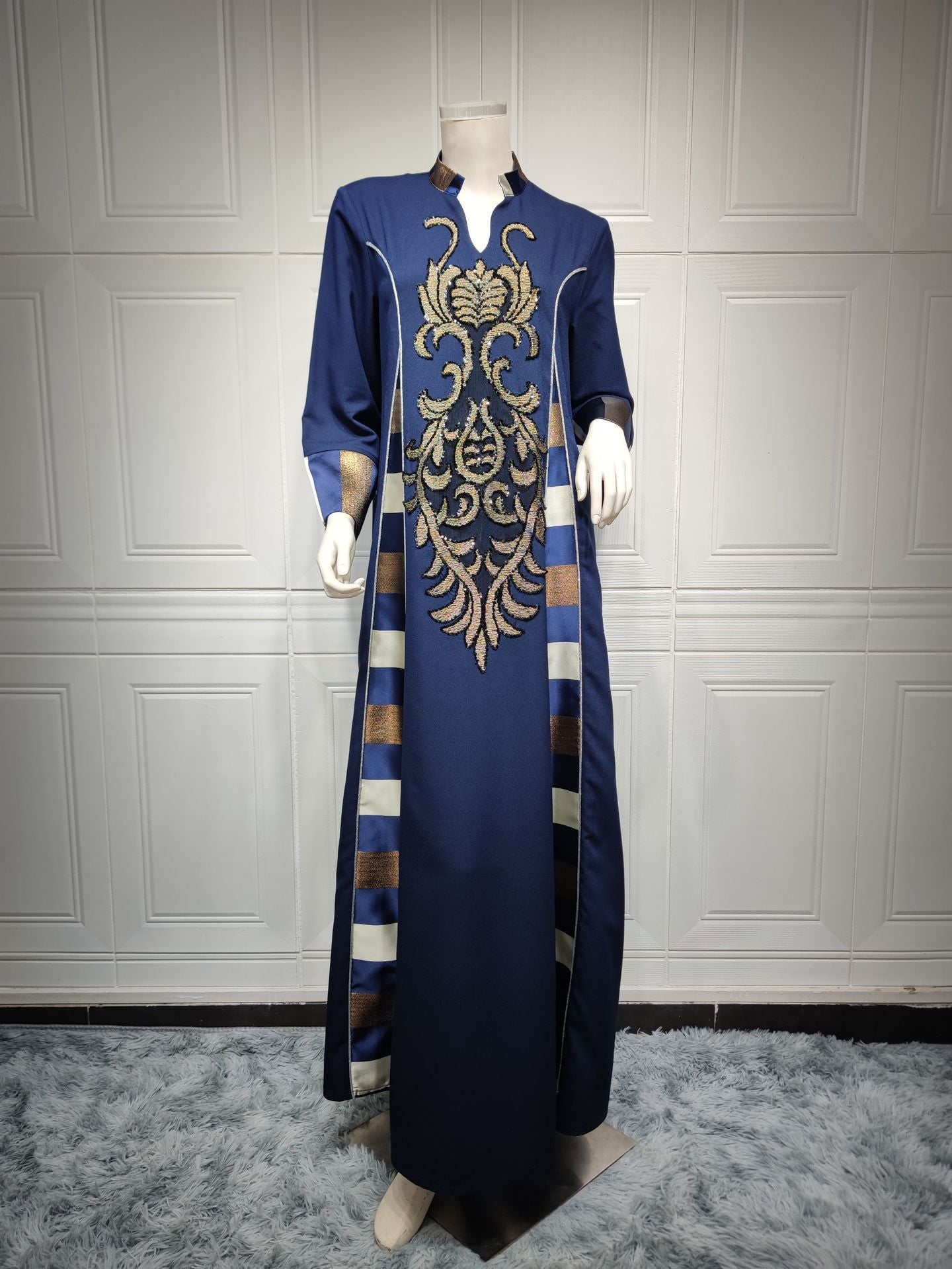 MS422#Muslim women's embroidered striped dress with sequins