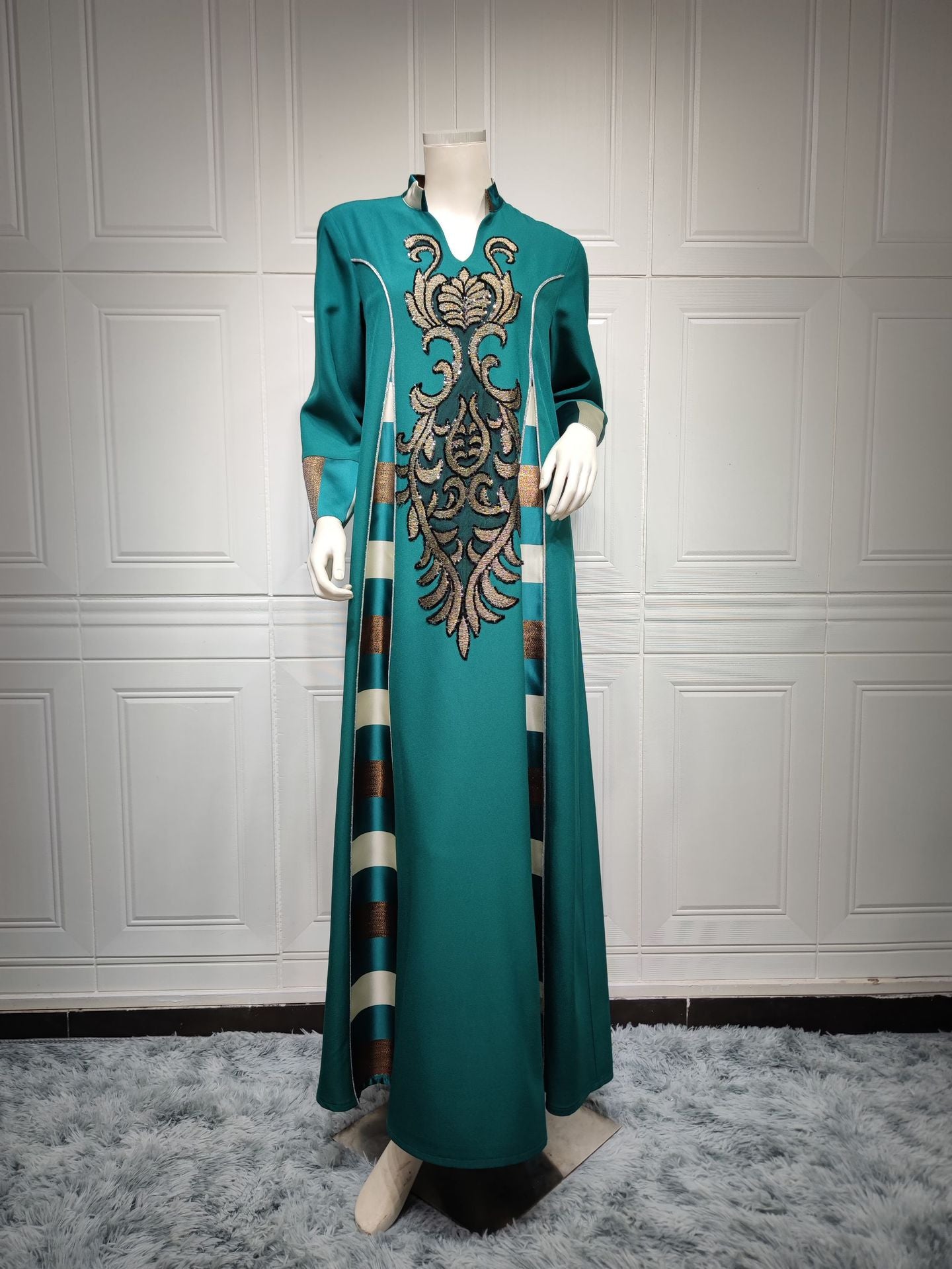 MS422#Muslim women's embroidered striped dress with sequins