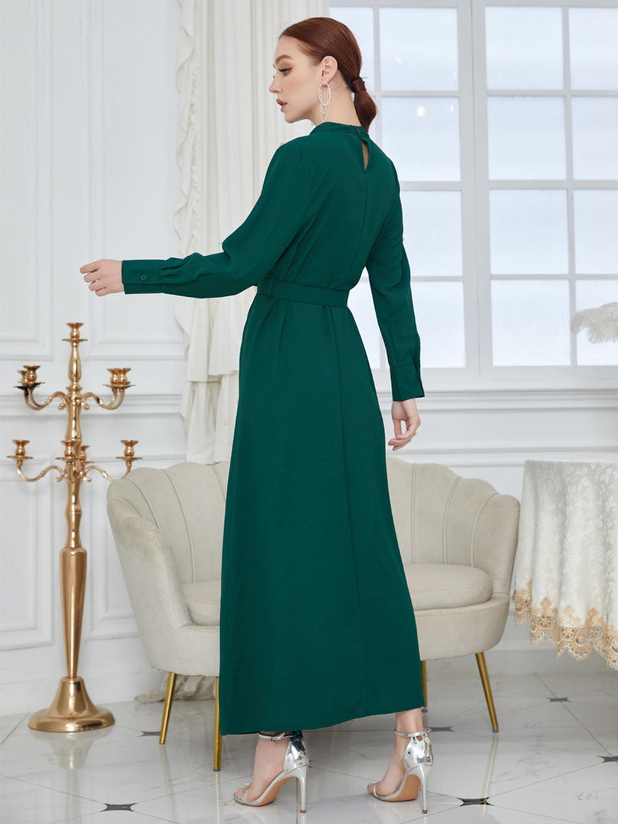 MS484#Elegant beaded slim shirt sleeve dress (with belt)