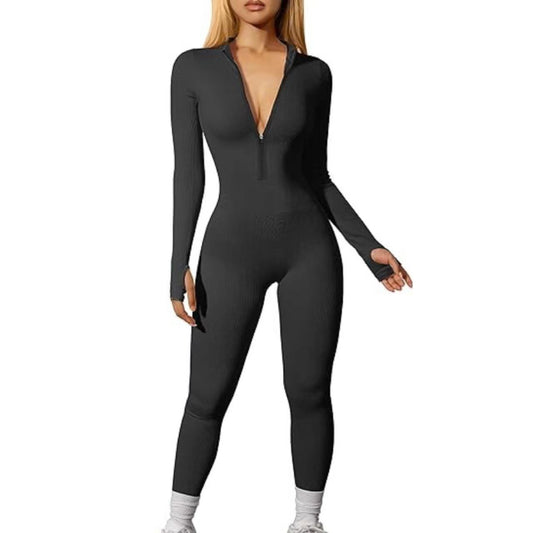 FS315#European and American cross-border women's sports jumpsuit workout ribbed long-sleeved zipper casual jumpsuit trousers tight