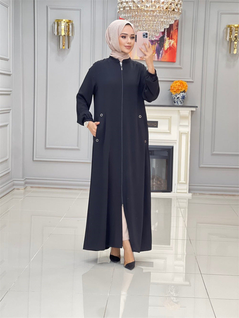 MS499#Ladies stand collar zipper insert bag temperament loose casual dress gown for women