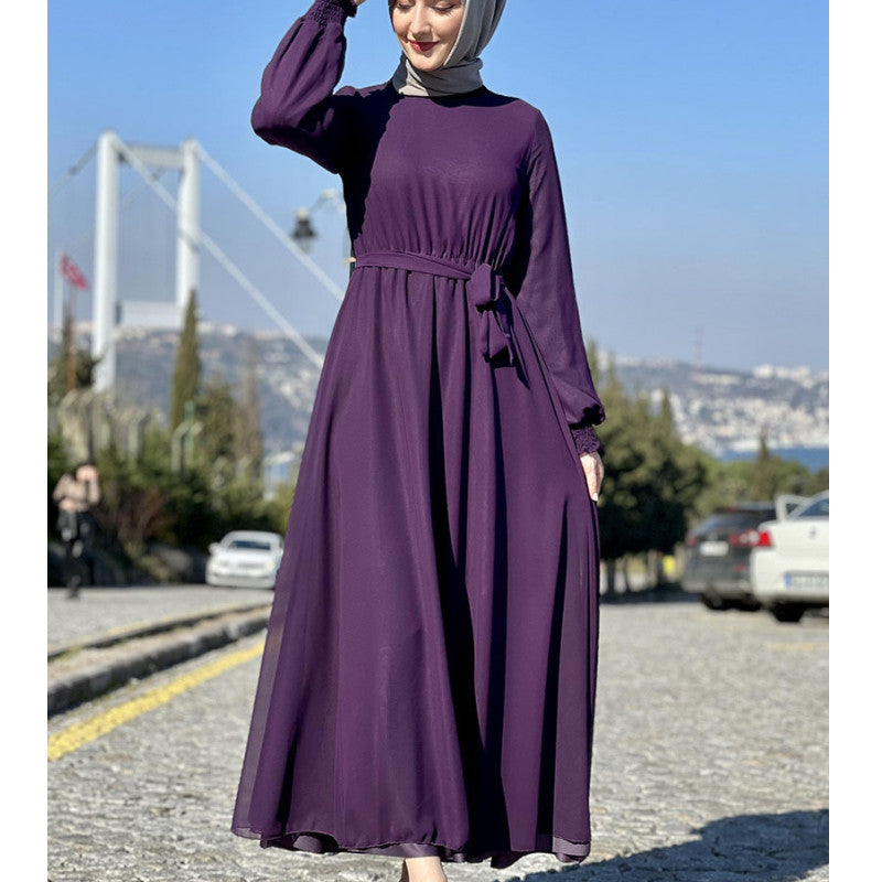 MS500#Solid color abaya fashion temperament lace-up long chiffon women dress uniform size