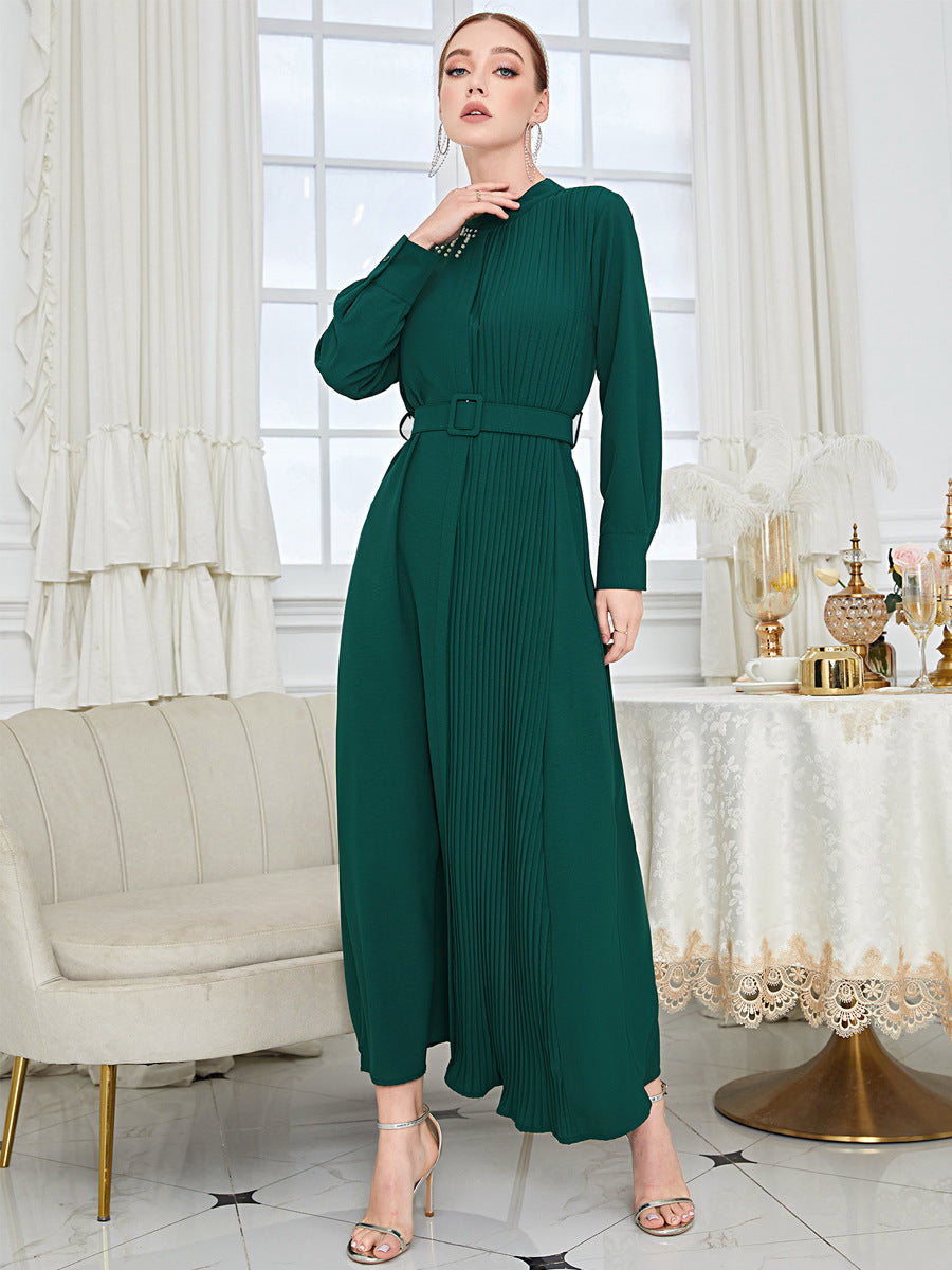 MS484#Elegant beaded slim shirt sleeve dress (with belt)