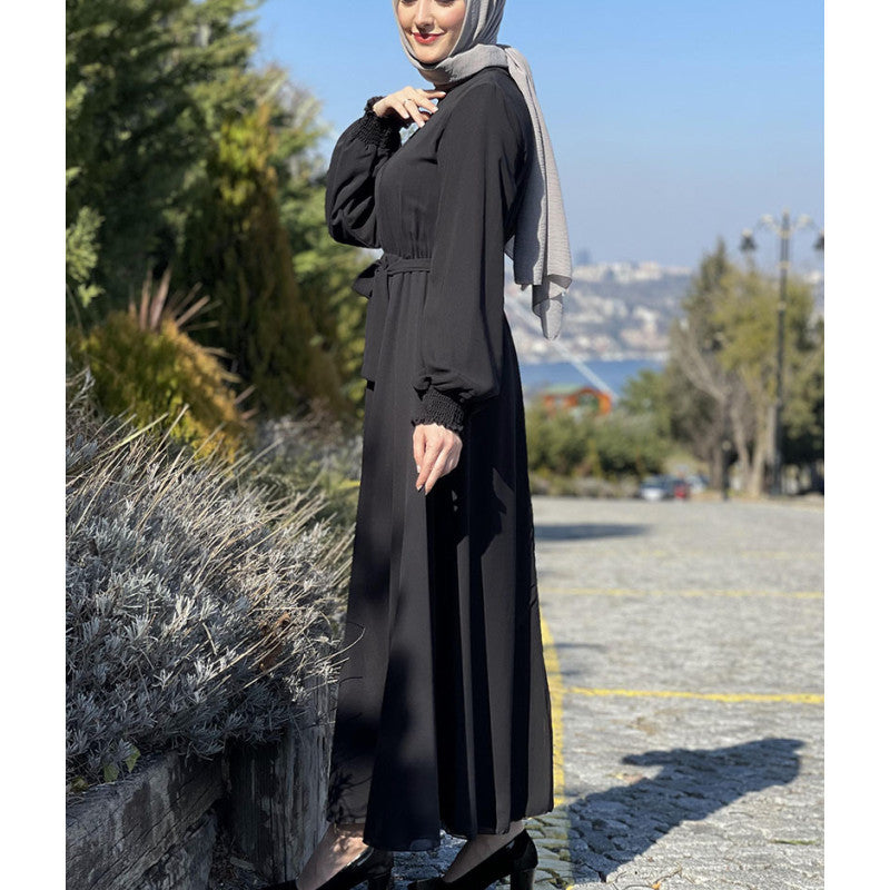 MS500#Solid color abaya fashion temperament lace-up long chiffon women dress uniform size