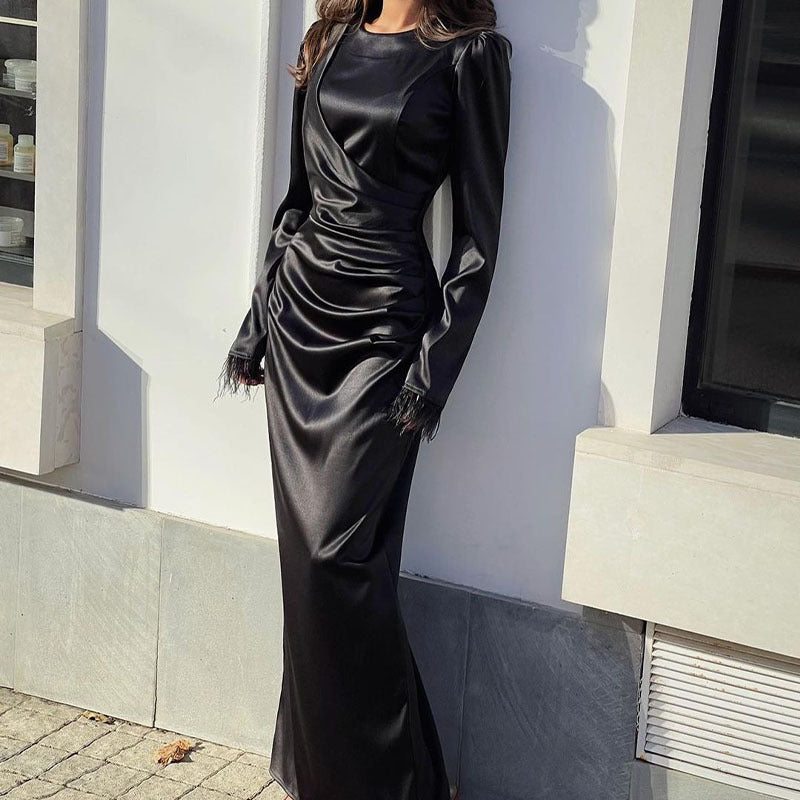 MS512#Satin slim temperament waist long sleeve feather long dress woman