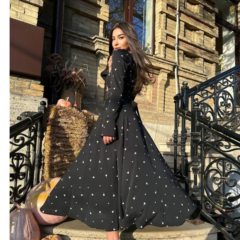 MS474#Stylish print long-sleeved high-waisted dress with long belt