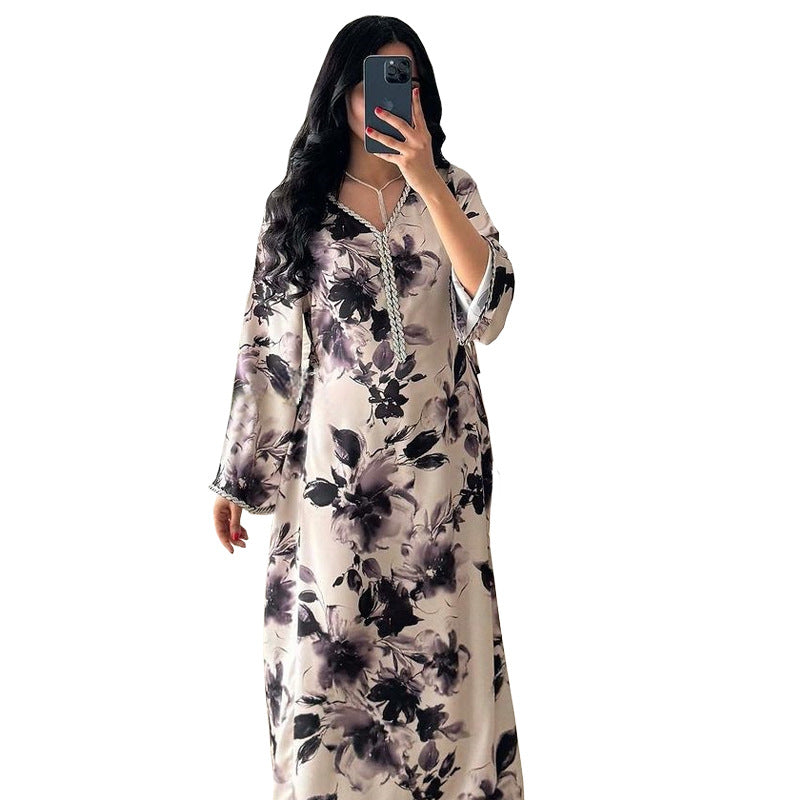 MS532Muslim arab dubai printed abaya fashion diamond dress ins robe jalabiya