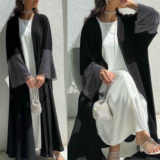 MS427#Muslim abaya elastic diamond mesh cardigan robe (NO inner dress)