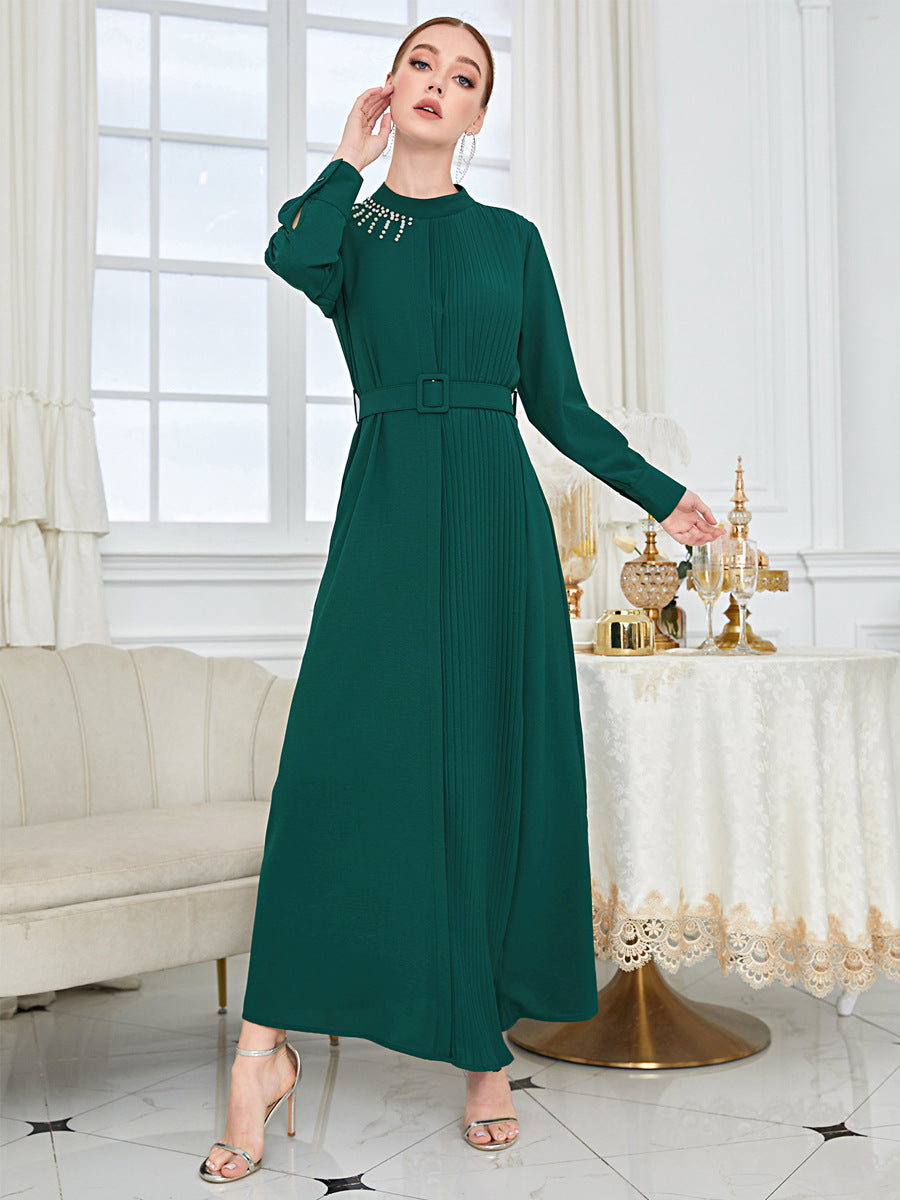 MS484#Elegant beaded slim shirt sleeve dress (with belt)