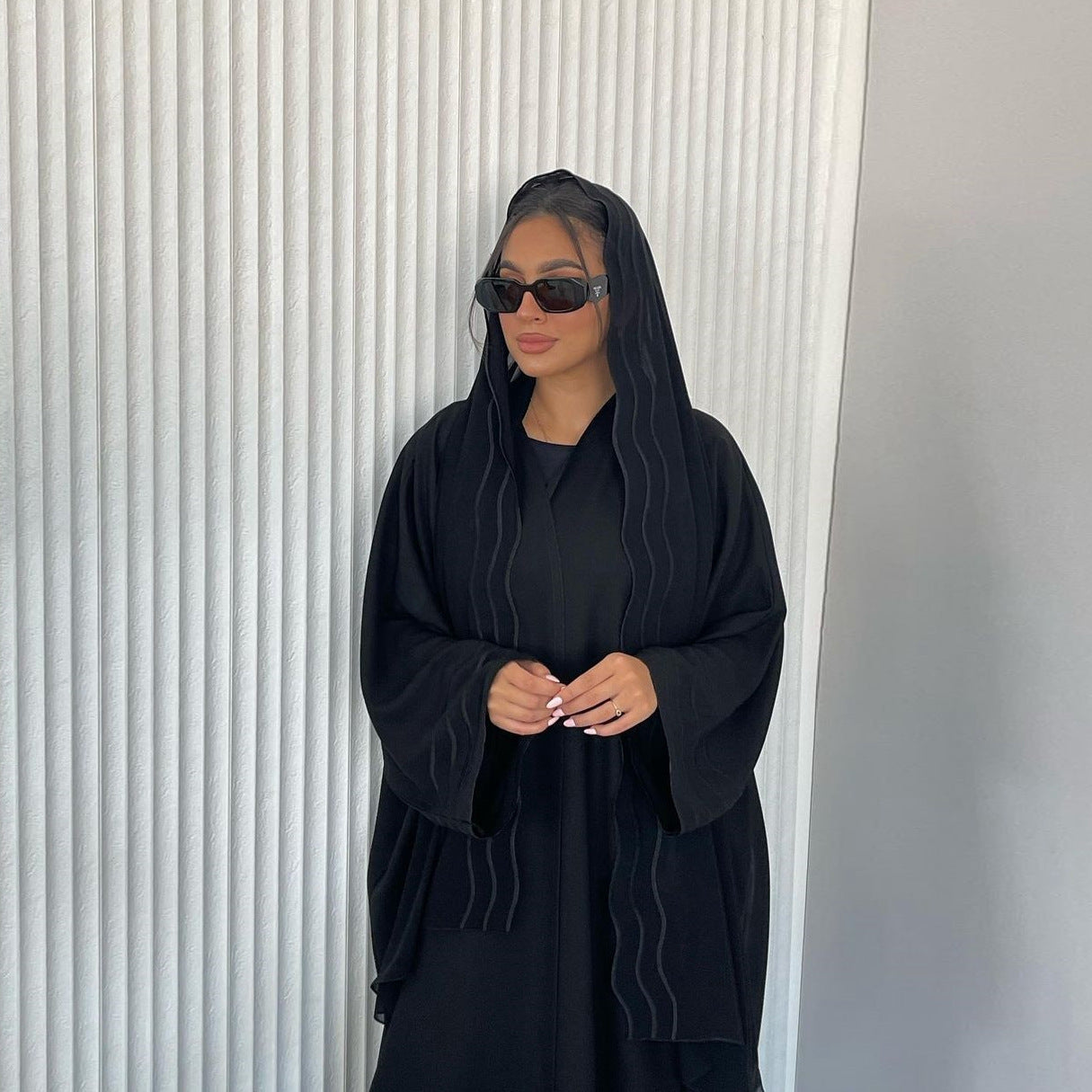 MS429 # Muslim Abaya embroidered trumpet sleeve jacket with headscarf two-piece suit