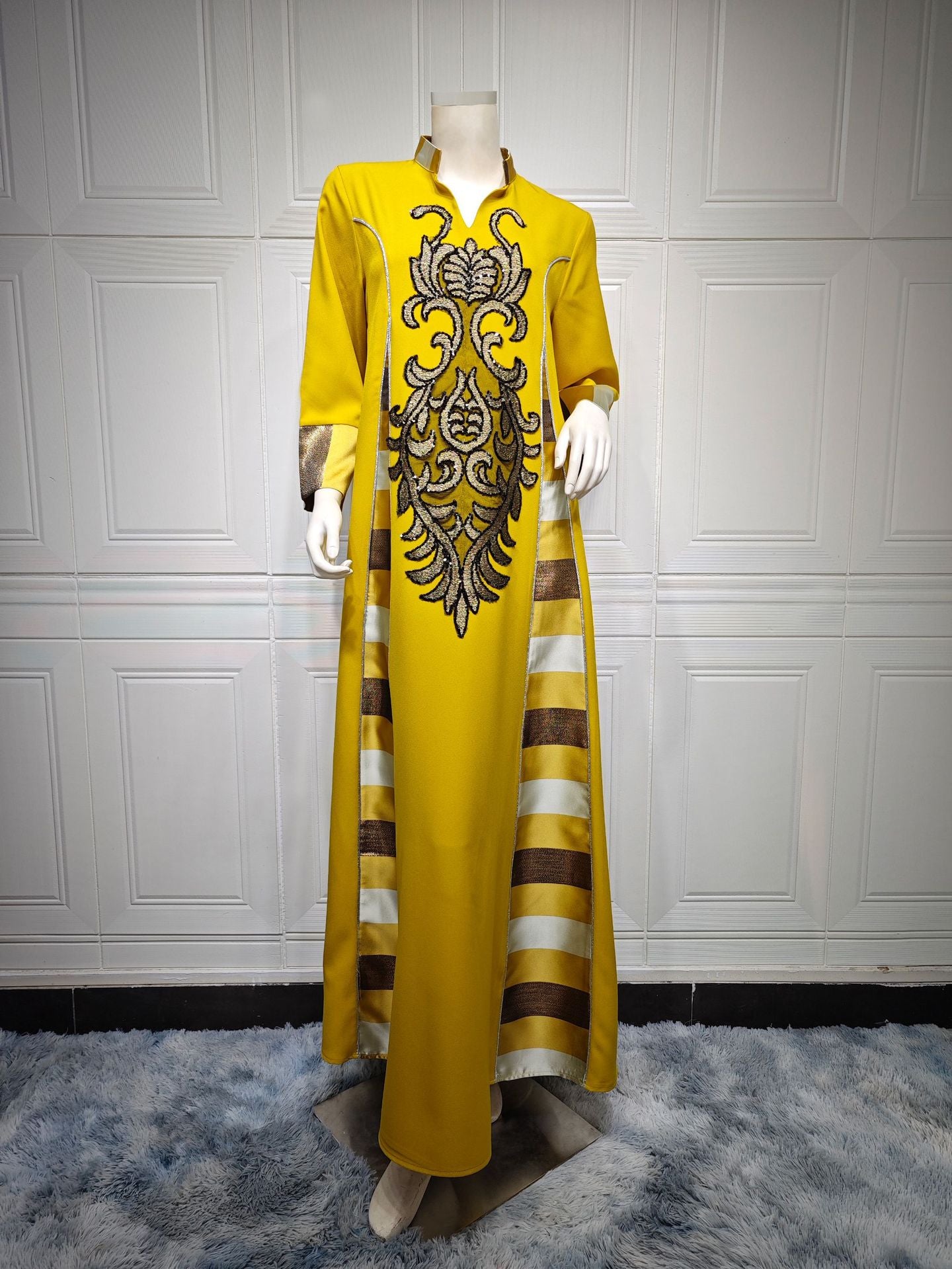 MS422#Muslim women's embroidered striped dress with sequins