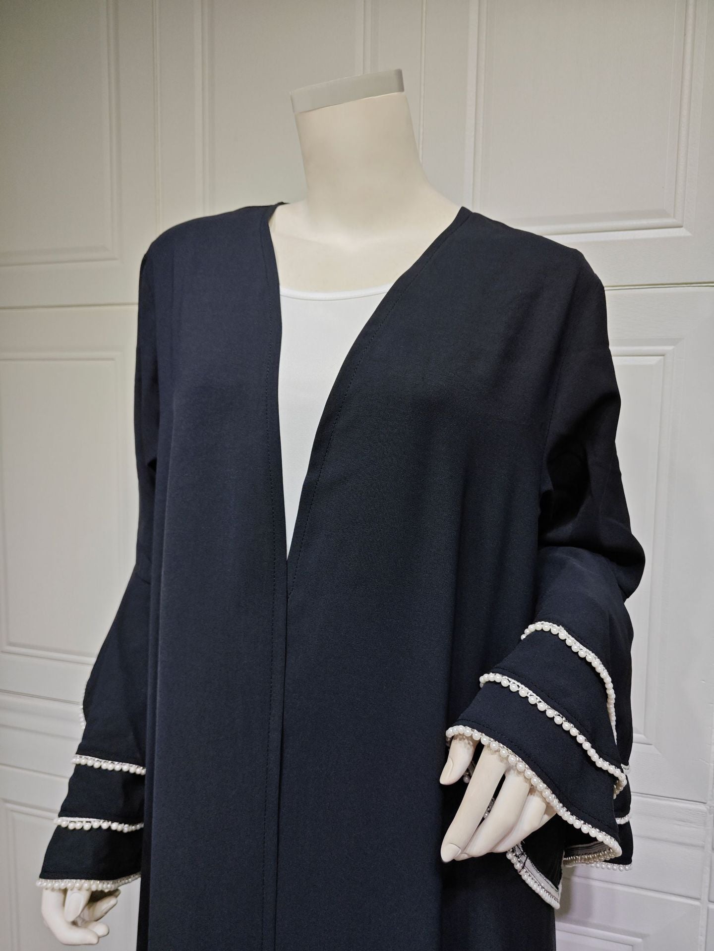 MS563#Arab Dubai Cardigan Black Robe Cuffs Beaded Abaya Fashion Coat