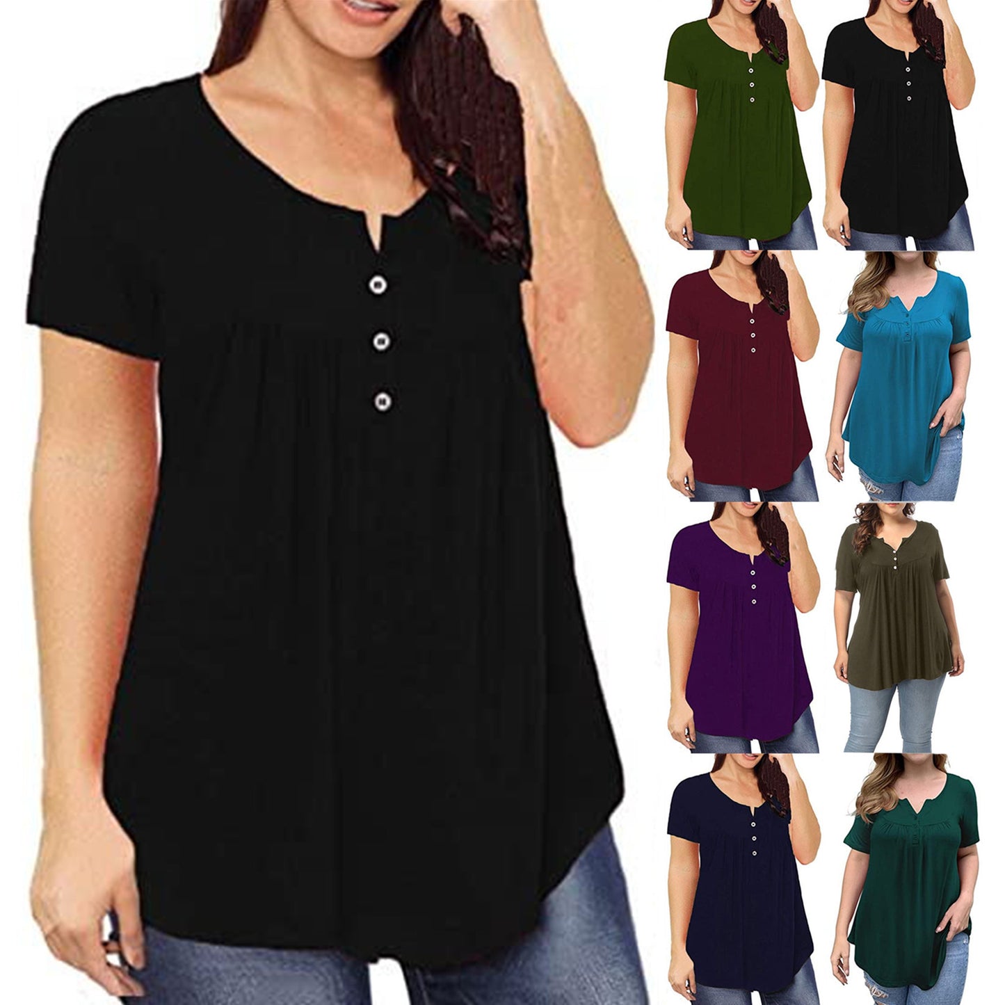 FS312#Women's Plus Size Tunic Tops Summer Short Sleeve V Neck Blouses Ruffle Flowy Button Up T Shirts