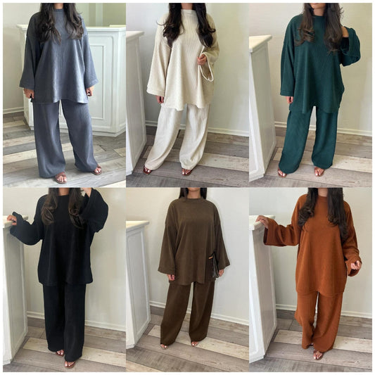 MS380#Solid color crew-neck loose casual women's blouse pants two-piece set