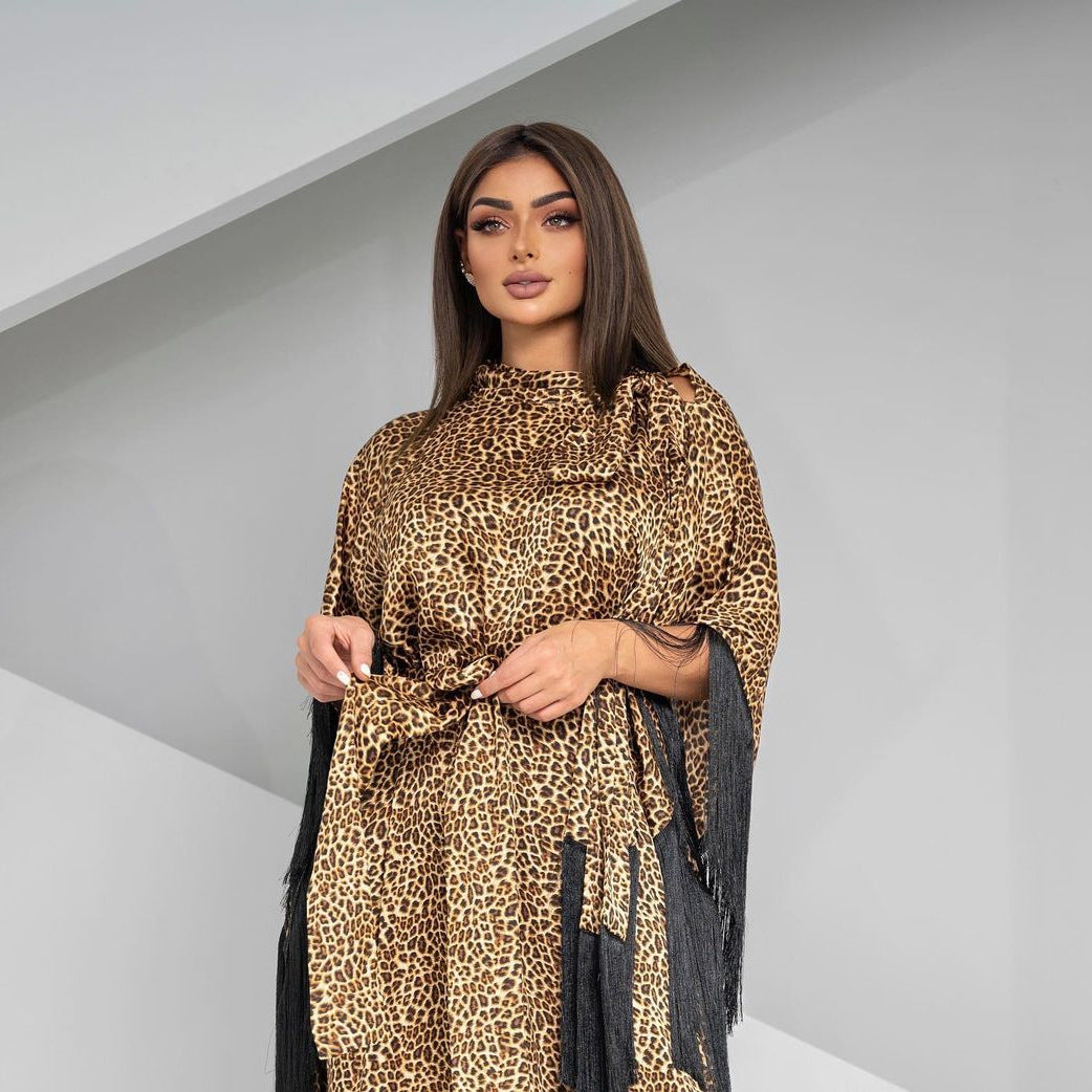 MS432#Modest fashion bat sleeve fringed leopard dress