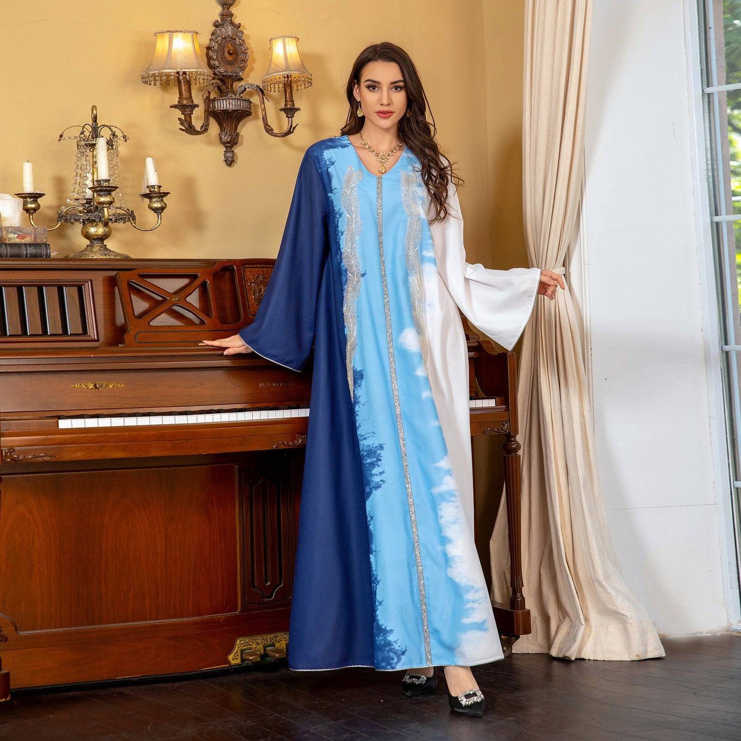 MS430#Muslim abaya clothing beaded embroidered tie-dyed rhinestone robe