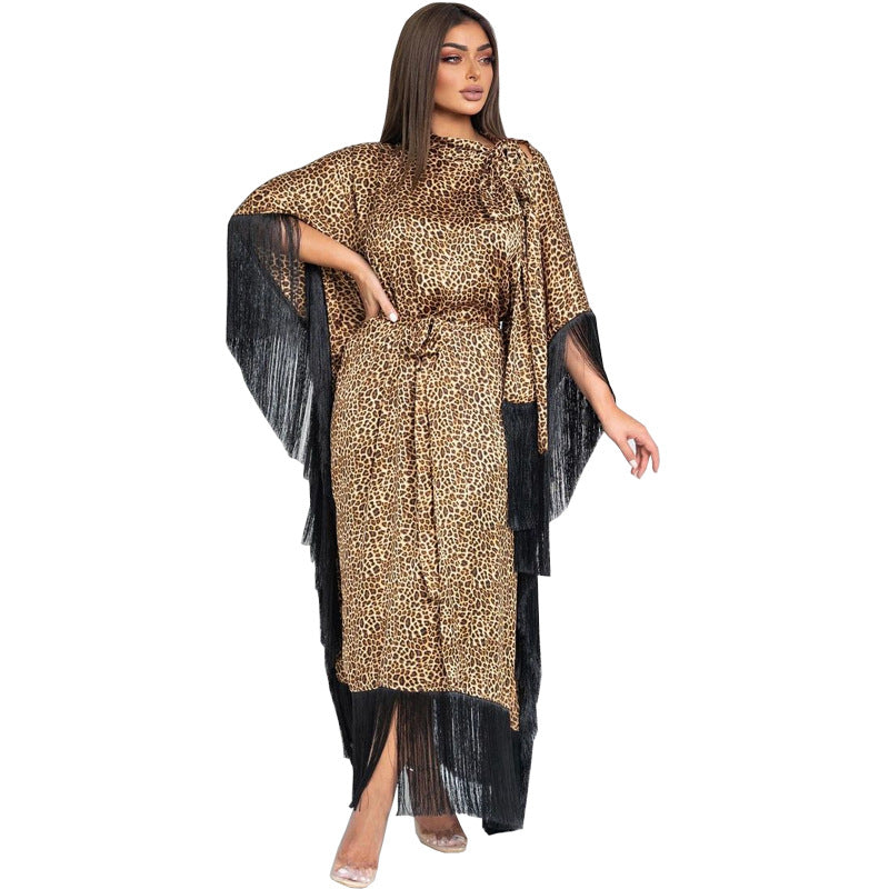 MS432#Modest fashion bat sleeve fringed leopard dress