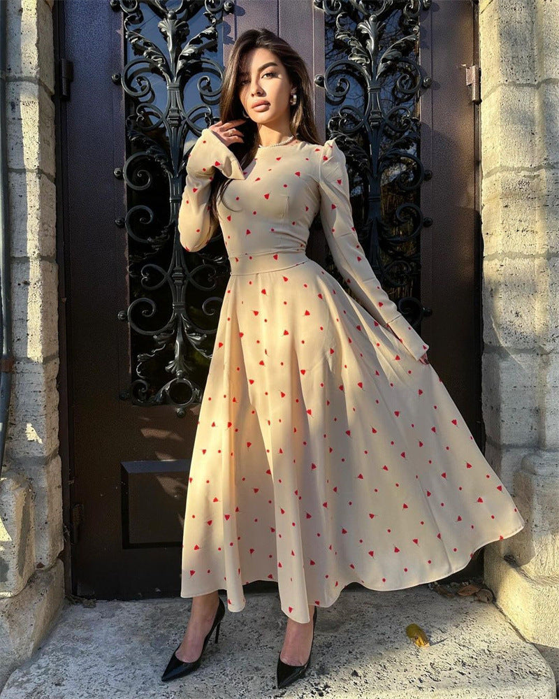 MS474#Stylish print long-sleeved high-waisted dress with long belt