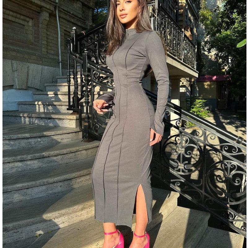 MS477#Fashion solid color tight wrap hip long sleeve temperament knitted women dress