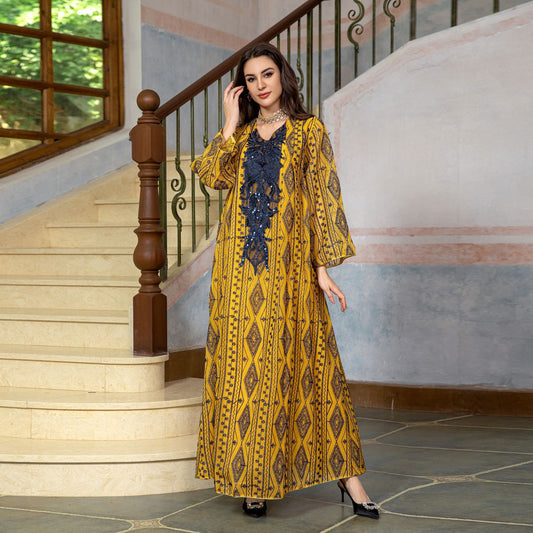 MS421#Muslim stitching loose robe with beaded embroidery