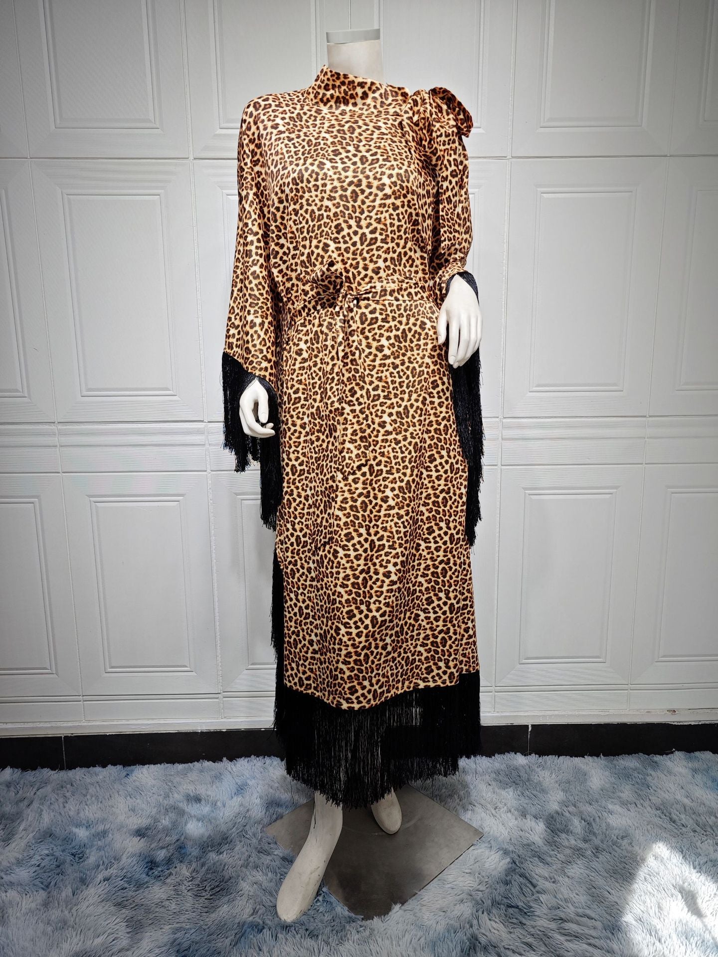 MS432#Modest fashion bat sleeve fringed leopard dress