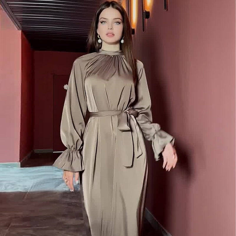 MS509#Solid color satin long sleeve loose dress belt women's dress